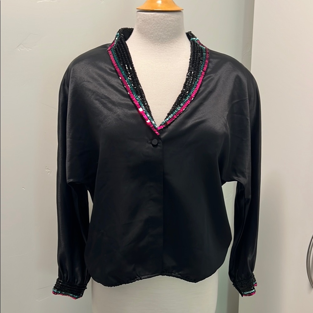 Black Satin Women's Top with Sequins